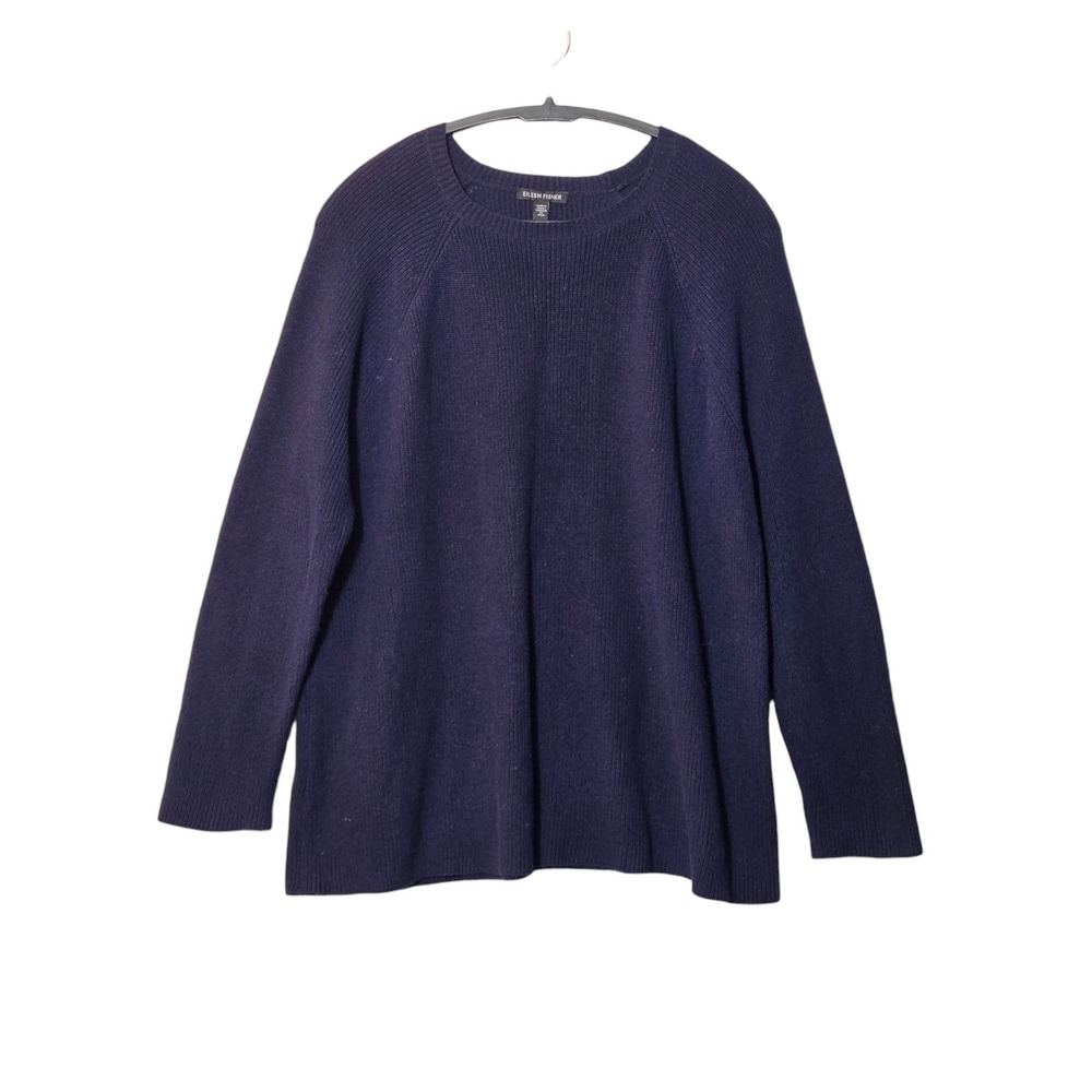 Eileen Fisher Organic Cotton Hemp Blend Crew Neck Sweater Navy Blue L Minimalist - Picture 1 of 7